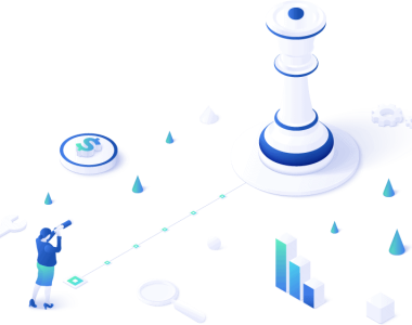 Strategic-planning-vector-illustration-in-isometric-design-business-strategy-analysis-and-vision-concept-with-queen-chess-piece-and-woman-with-spyglass-web-banner-layout
